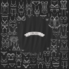 Hand drawn doodle Lingerie icon set. Fashion feminine vector illustration. Sexy lacy woman underwear symbol collection. Cartoon various sketch elements: bra, panties, corset, brassiere, string, bikini