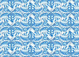 Turquoise blue vector floral seamless pattern in Russian Gzhel style