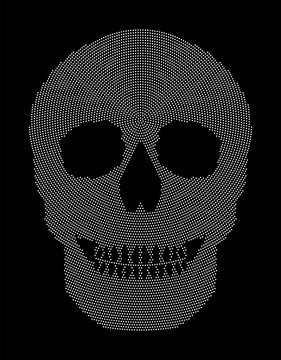 Skull radial dot pattern. Symbol of the bone structure of an head of a skeleton. Formed by white dots beginning from the place of the third eye. Abstract illustration on black background.