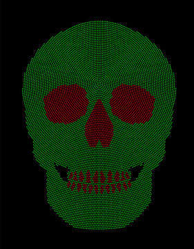 Skull green and red radial dot pattern. Symbol of the bone structure of an head of a skeleton. Formed by dots beginning from the place of the third eye. Abstract illustration on black background.
