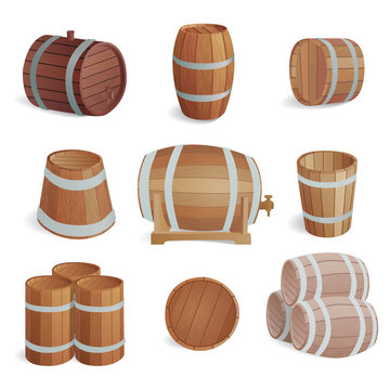 Wooden barrels vector set.