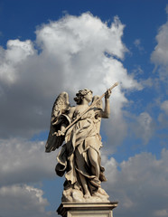 Angel with Holy Lance, a baroque statue from Sant'Angelo Bridge with heavenly sky and clouds