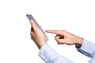 Close up of man using mobile smart phone isolated on white backg