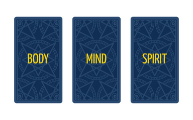 Three card tarot spread. Divination about body, mind and spirit. Tarot cards back side