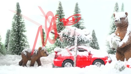 szene 2, miniatur winterlandschaft mit rotem Auto und bären und text frohe weihnachten, mit rotem auto und 2 bären - Powered by Adobe