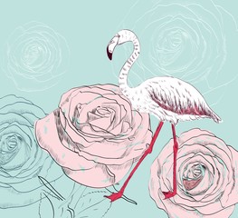 Vector sketch of a flamingo with roses. Hand drawn illustration