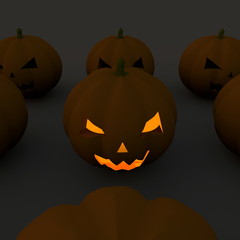 3d illustration rendering of dark Halloween pumpkins with one illuminated