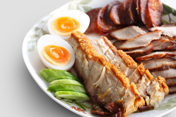 Duck and Crispy Pork over Rice with Sweet Gravy Sauce