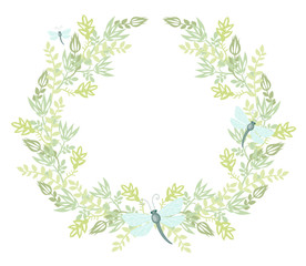 Summer wreath of plants. Garland of flowers and leaves with dragonfly. 