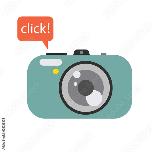 "Photo digital camera with click speech bubble. Camera vector flat