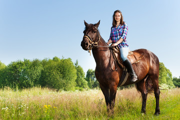 Portrait of female equestrian riding bay horse