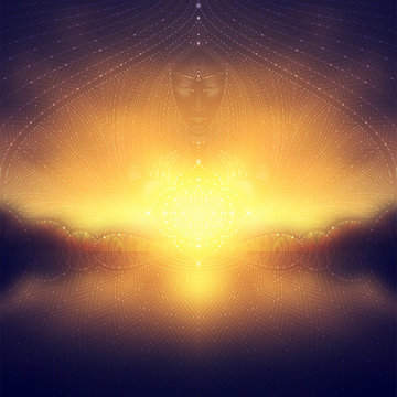 wonderful blurred landscape with transparent geometric patterns and stars, spirit of the sun and flower of life, visionary art, vector