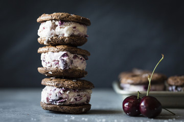 Roasted cherry ice cream sandwiches with salted double chocolate