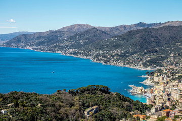 Fototapeta premium Ligurian coast over Camogli, Genoa, Italy, in a sunny day