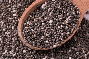 Chia seeds on wood background. Chia seeds protect heart,superfood. Healthy food