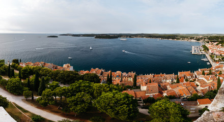 The panoramic view from the bell tower Church of St. Euphemia in the old town of Rovinj, Croatia.