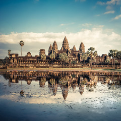 Ancient Khmer architecture. Panorama view of Angkor Wat temple under blue sky. Siem Reap, Cambodia