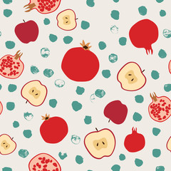 Happy New Year. Rosh Hashana abstract vector background. Jewish holiday and greetings. Red watercolor pomegranate and apples seamless pattern