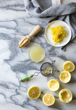 Lemons for cooking. Juiced, grated, de-pipped, with seive and ju