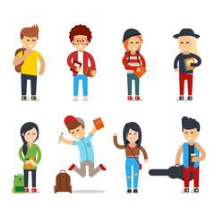 Young students cartoon characters. Happy people vector set. University or college group of young students. Lifestyle young people in street clothes style. Isolated teenager - Vector flat illustration.