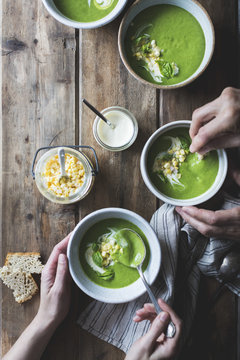 zucchini basil soup with cr&egrave;me fra&icirc;che and pickled corn