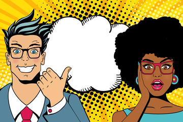 Wow couple faces. Handsome happy young surprised  man and sexy woman in glasses with open mouths and empty speech bubble. Vector colorful cartoon background in pop art comic retro style/ - 124238371