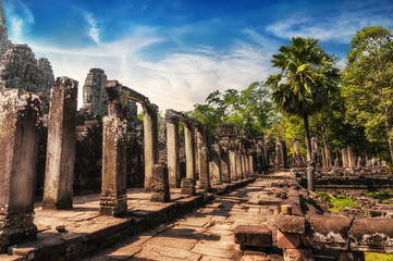 Ancient Khmer architecture. Amazing view of Bayon temple at sunset. Angkor Wat complex, Siem Reap, Cambodia travel destinations