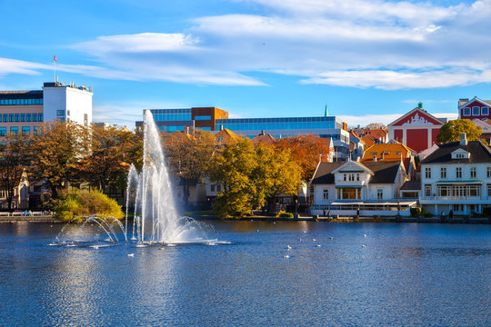 City Park with  a lake in the city center in Stavanger, Norway.