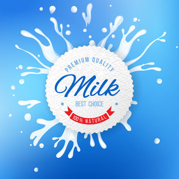 Milk emblem with splashes on blue background