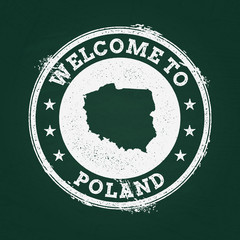 Fototapeta premium White chalk texture retro stamp with Republic of Poland map on a green blackboard. Grunge rubber seal with country outlines, vector illustration.