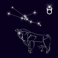 Constellation Taurus. Realistic star. White bull, zodiac sign. Tattoo. Made with a predominance of white on a dark background.  illustration