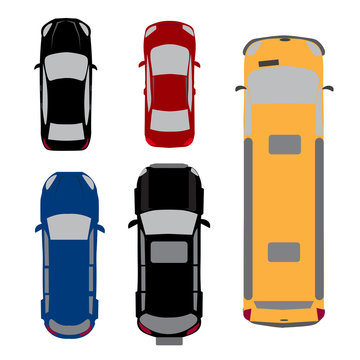 Set of five cars. Coupe, sedan, wagon, SUV, minivan. View from above.  illustration:
