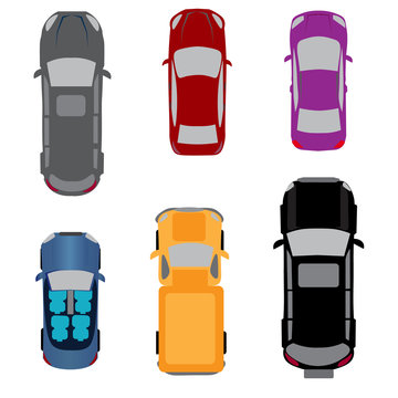 Set of six vehicles. Coupe, convertible, sedan, wagon, SUV, passenger van. View from above.  illustration