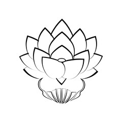 Black stylized image of a lotus flower on a white background, tattoo. The symbol of commitment to the Buddha in Japan