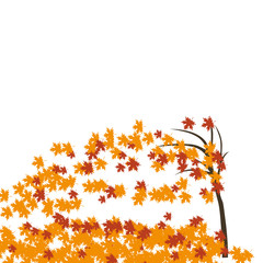 Maple tree in the wind, autumn. Fallen red and yellow leaves.  illustration
