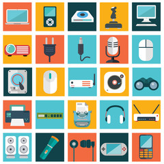 Computer technology and electronics devices, mobile phone communication and digital products. Flat design style modern pictogram collection.