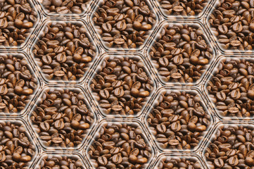 Coffee background: polygons with images of coffee, interconnected