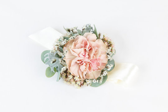 Dusty pink carnation wrist corsage isolated on white background 