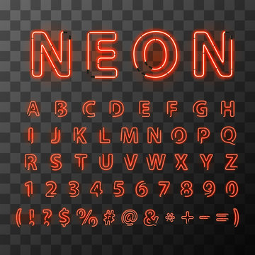 Bright red Neon letters font on transparent background.