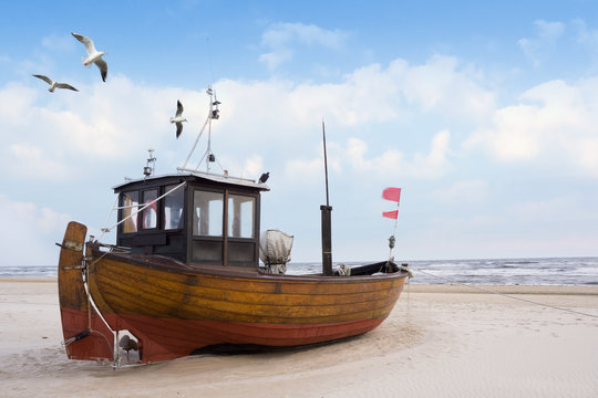 sch&ouml;nes Strandbild mit einem Boot und M&ouml;ven