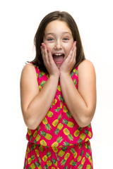 A tween girl with a surprised expression.