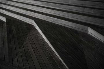 日本のウッドデッキ。横浜の大桟橋で撮影。モノクローム。