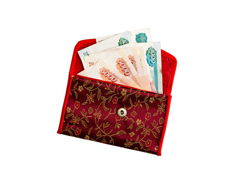 Wallet with ruble banknotes on a white background.