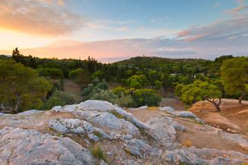 View of Filopappou hill from Areopagus hill, Athens.