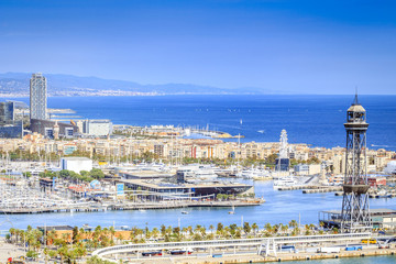 Barcelona panorama with Port Vell in Barcelona, Spain