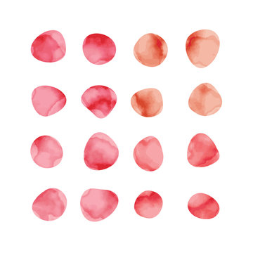 Vector red watercolor spots. Stained petals. Hand painted circles set.