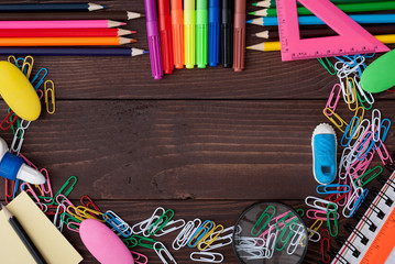 School supplies on a wooden table