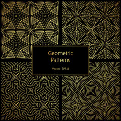 set of four tribal minimalistic geometric golden seamless patterns, vector