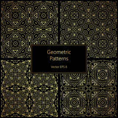 Vector set of four tribal minimalistic geometric golden seamless patterns.