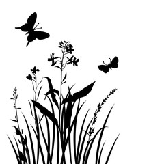 vector silhouettes of flowers and grass with butterflies